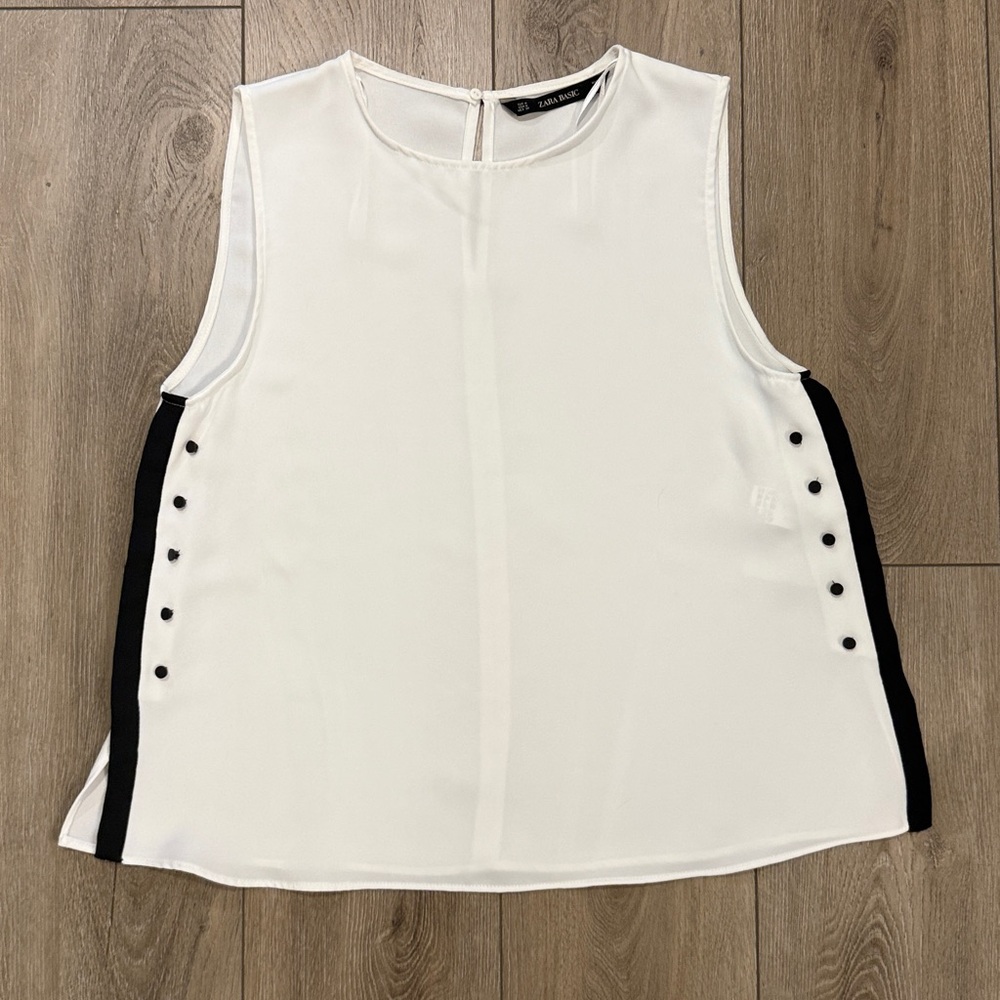 Zara Crewneck Flowy Sleeveless White w/ Black Stripe/Button Details Shell Blouse - Picture 2 of 9